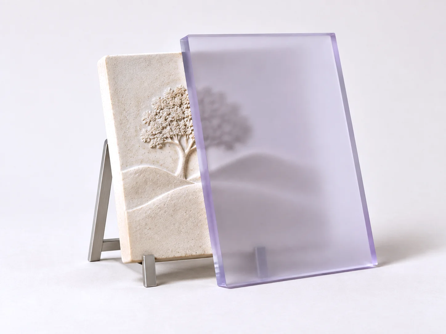 A ceramic tile carved with a tree and low hills on a small aluminium easel, with a frosted lilac glass slab leaning over its right half so the relief behind it blurs.